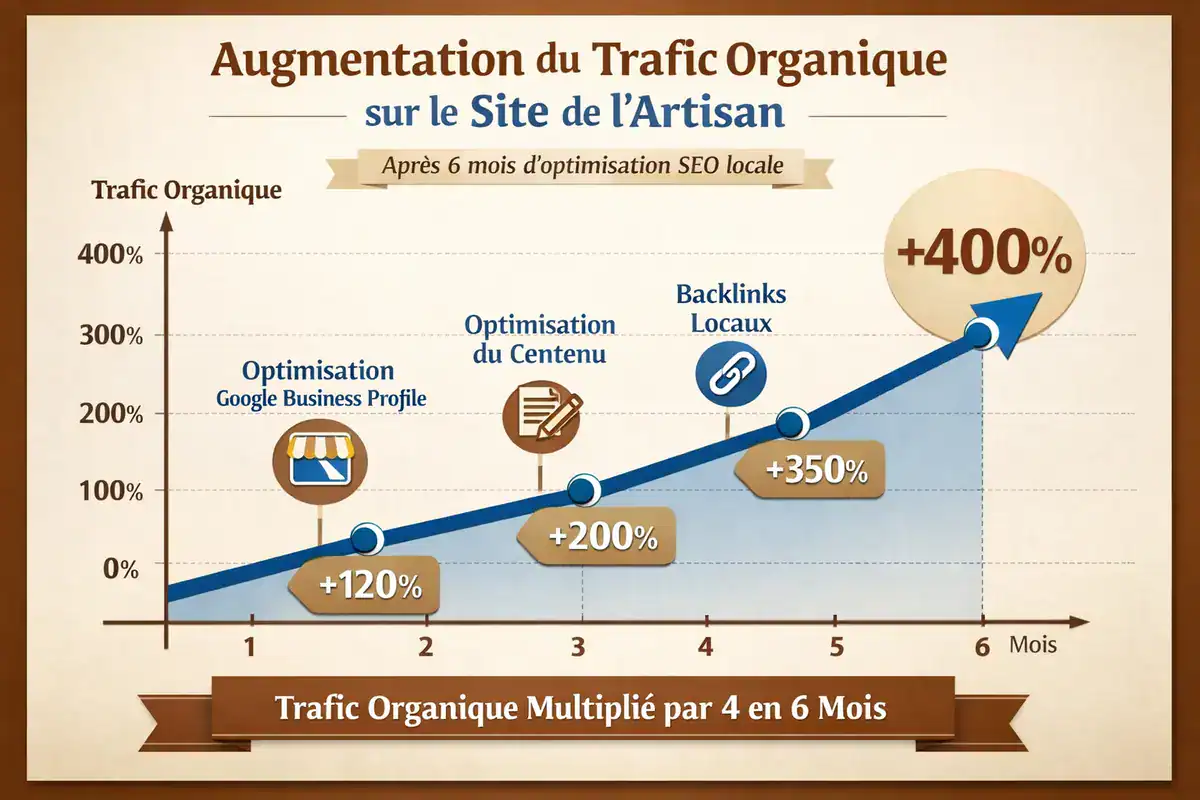 Evolution-Trafic-Organique-SEO-Local-Artisan Graphique illustrant l'augmentation du trafic organique d'un site web d'artisan après une optimisation SEO locale sur une période de 6 mois.
