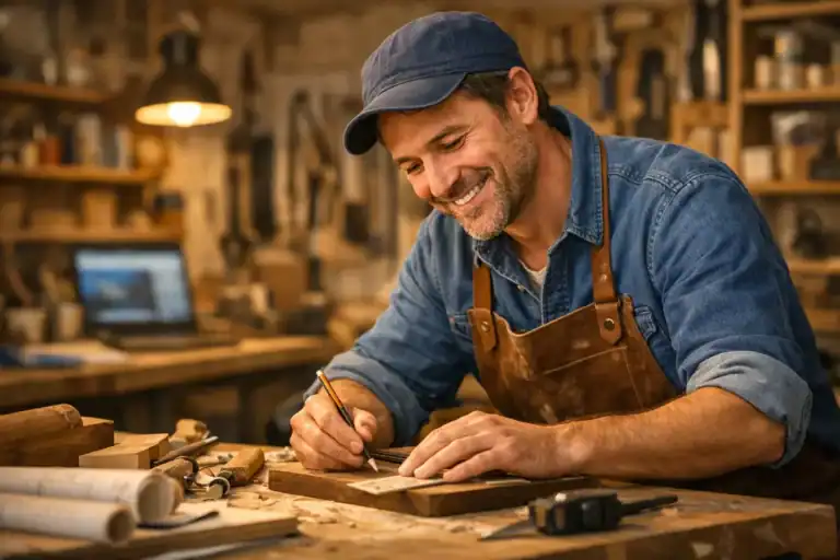 présence en ligne artisan — Artisan souriant travaillant sur un projet, symbolisant une présence en ligne forte et authentique.
